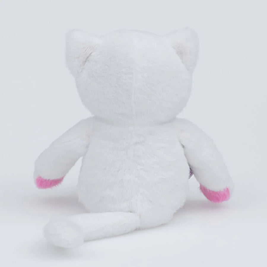 A white plush cat toy shown from the back, featuring soft white fur, small pointed ears, and pink accents on its paws