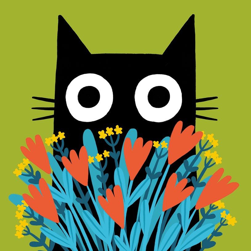 Cat & Flowers Greetings Card