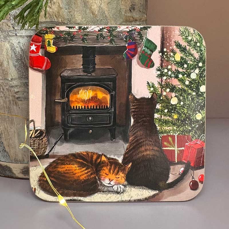 Fireplace Cats Christmas Coaster