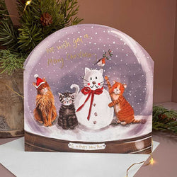 A decorative Christmas snow globe card featuring four cats around a snowman, with gold text reading 'I wish you a Merry Christmas' and 'a happy New Year'