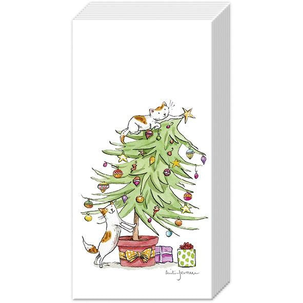 Pack of festive napkins illustrated with cute Anita Jeram drawn cats playing with a decorated Christmas tree 