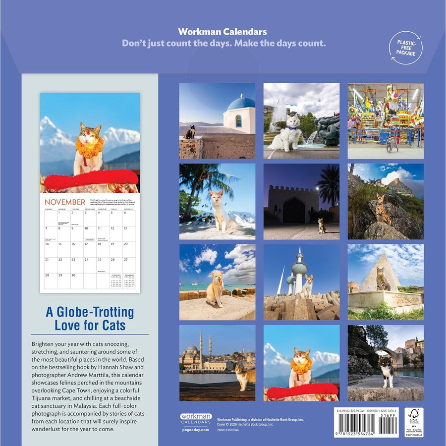 Back cover of Cats of the World 2027 calendar cover with cat-themed images in worldwide locations and promotional text on a blue background