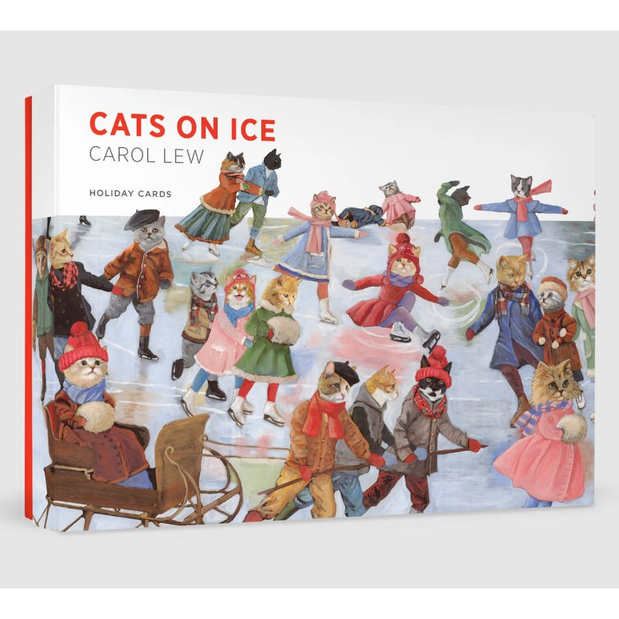 Pack of 12 greetings cards titled 'Cats on Ice' by Carol Lew with illustrations of cats in winter clothing on ice.