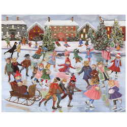 Illustration of anthropomorphic cats in winter clothing skating and playing on a snowy street.