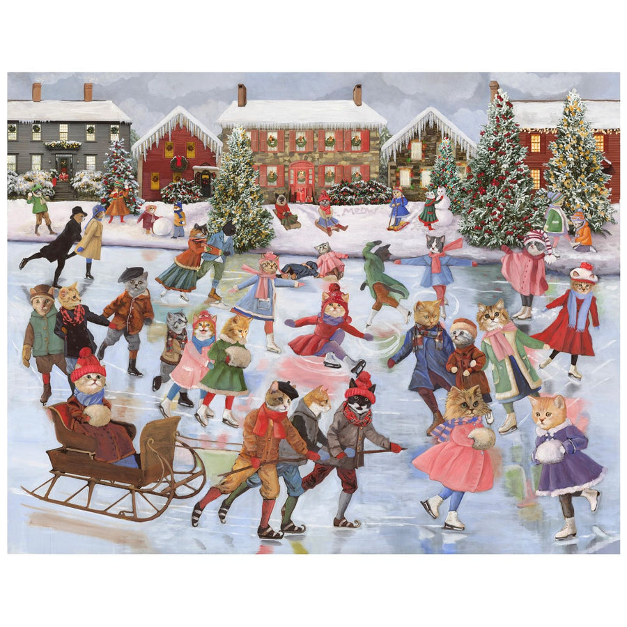 Illustration of anthropomorphic cats in winter clothing skating and playing on a snowy street.