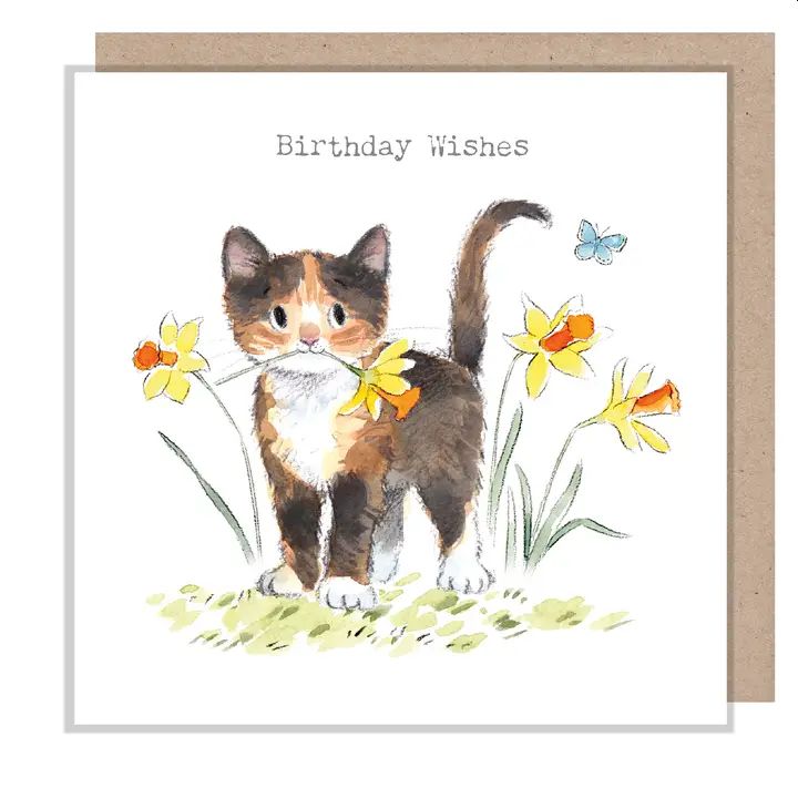 Cat with Daffodils Birthday Card