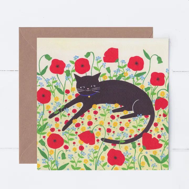 Cat with Poppies Greetings Card