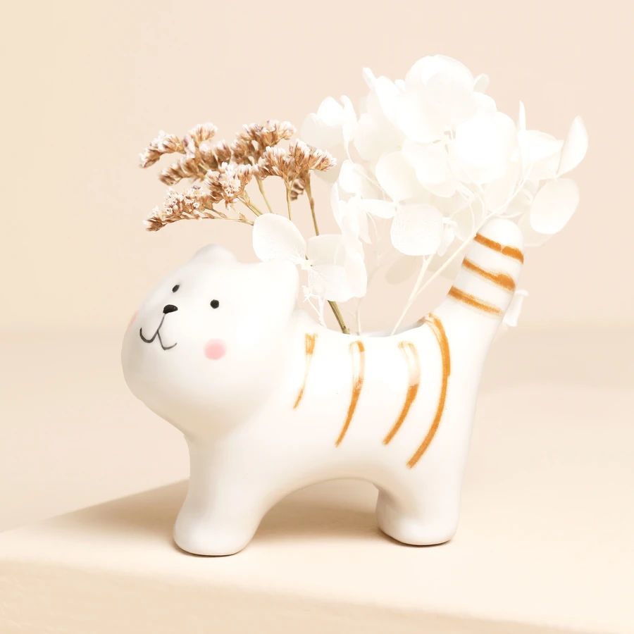 Ceramic White Striped Cat Bud Vase