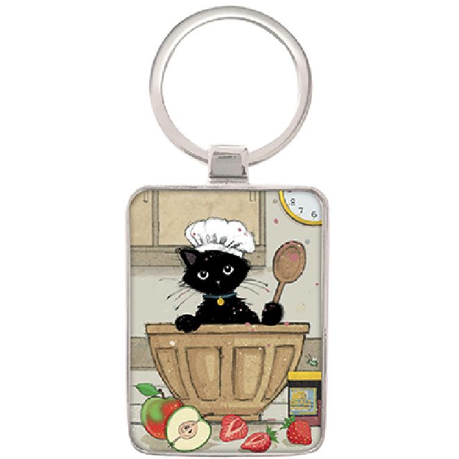 Black Kitty Keyring. Cat in mixing bowl wearing chefs cat