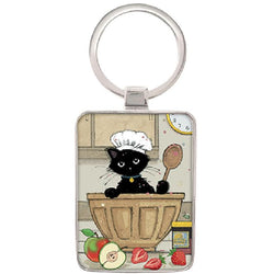Black Kitty Keyring. Cat in mixing bowl wearing chefs cat
