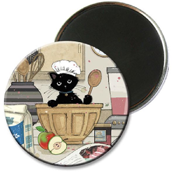 Black Kitty Fridge Magnet black cat in mixing bowl wearing chefs hat