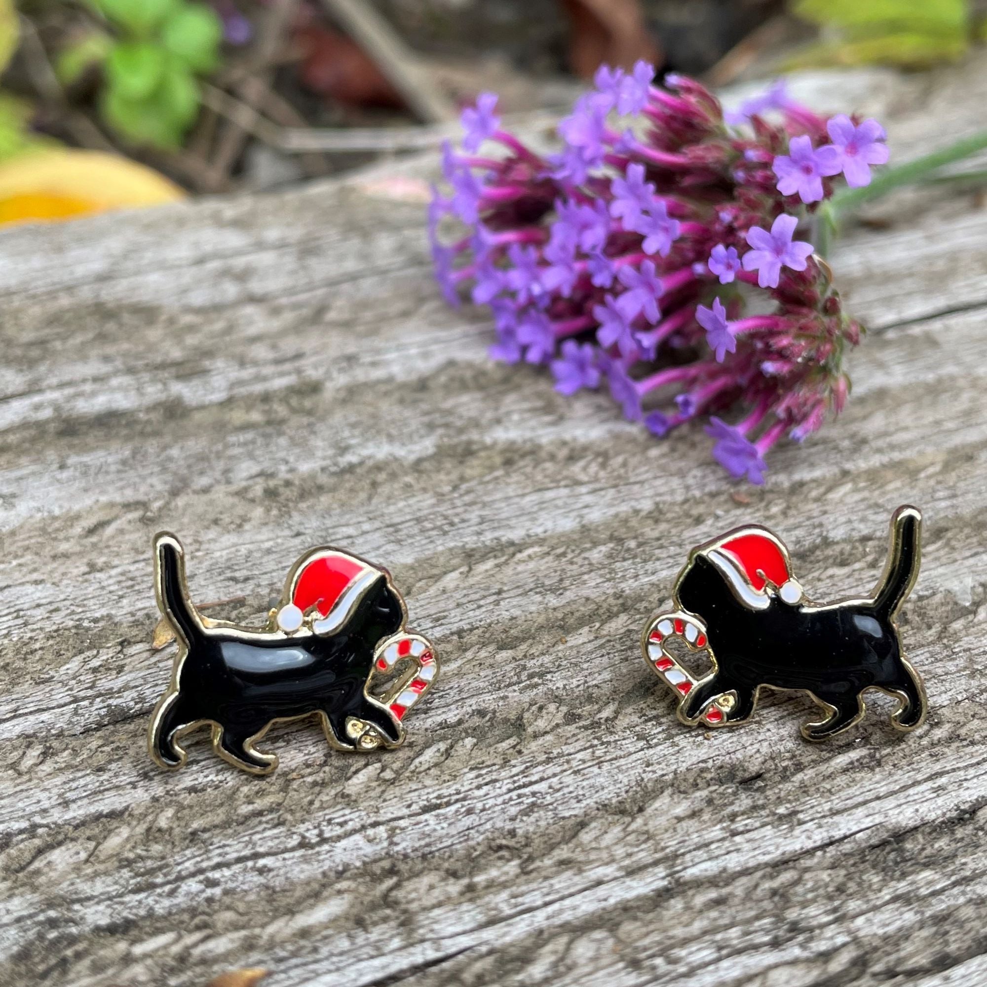 Festive Black Cat Enamel Earrings