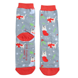 Pale blue and red socks adorned with white cats in stockings and wearing red scarves