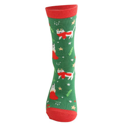 Green and Red sock foot decorated with white cats in stockings and scarves. 