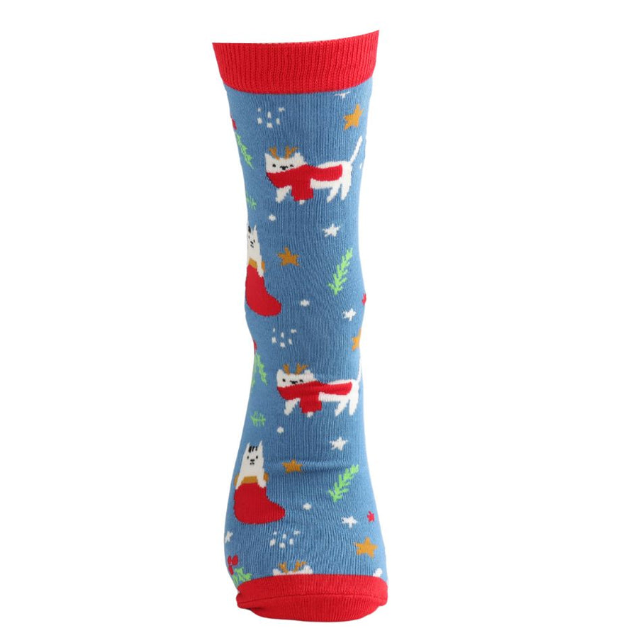 Royal Blue and red sock decorated with white cats wearing red scarves. Decorated with stars and mistletoe