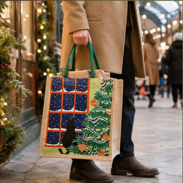 Cat in Window Festive Jute Bag, Square
