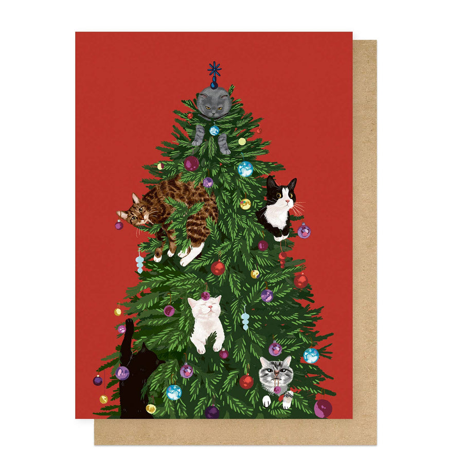 Greeting card with a Christmas tree design featuring cats on a red background