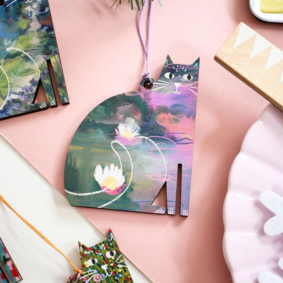 Clawed Monet Wooden Cat Hanging Decoration