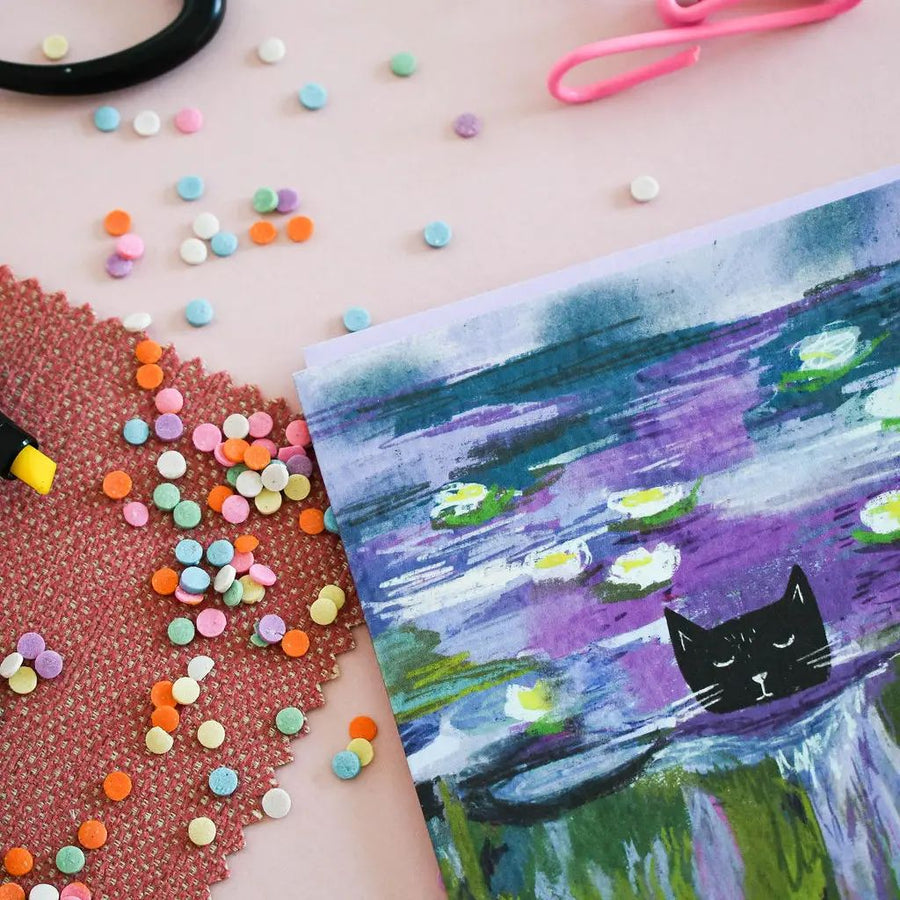Clawed Monet Purple Water Cat Art Card