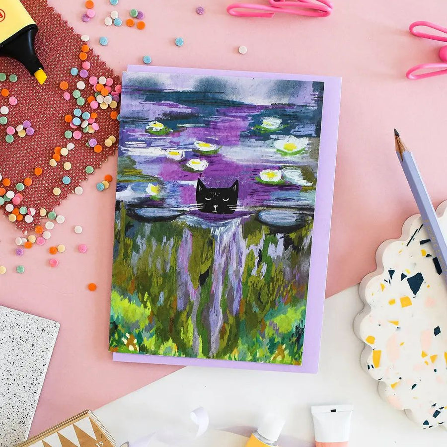 Clawed Monet Purple Water Cat Art Card
