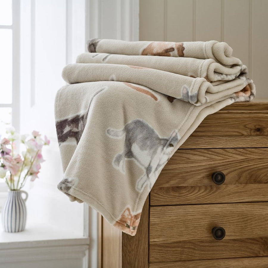 Folded blanket with cat pattern on a wooden dresser next to a window with flowers.