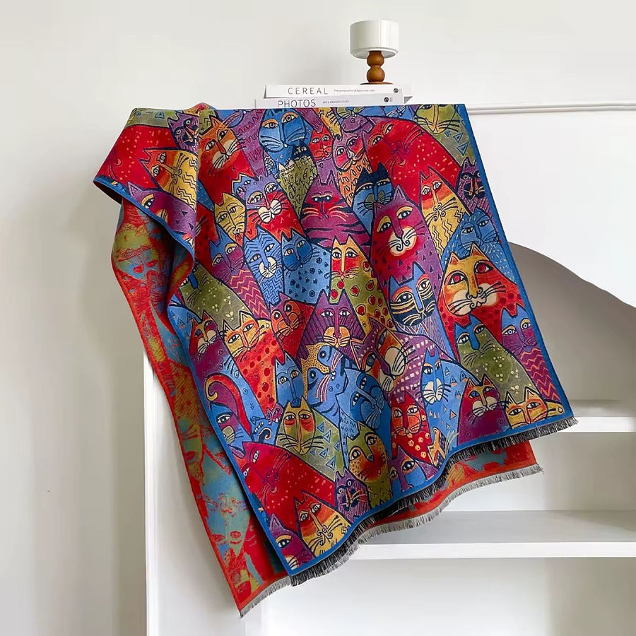 Whimsical Cats Jacquard Scarf in Red and Blue — colourful woven cat print with fringed ends