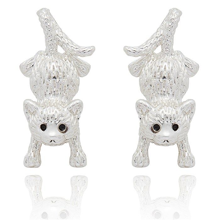 Two silver cat-shaped earrings on a white background