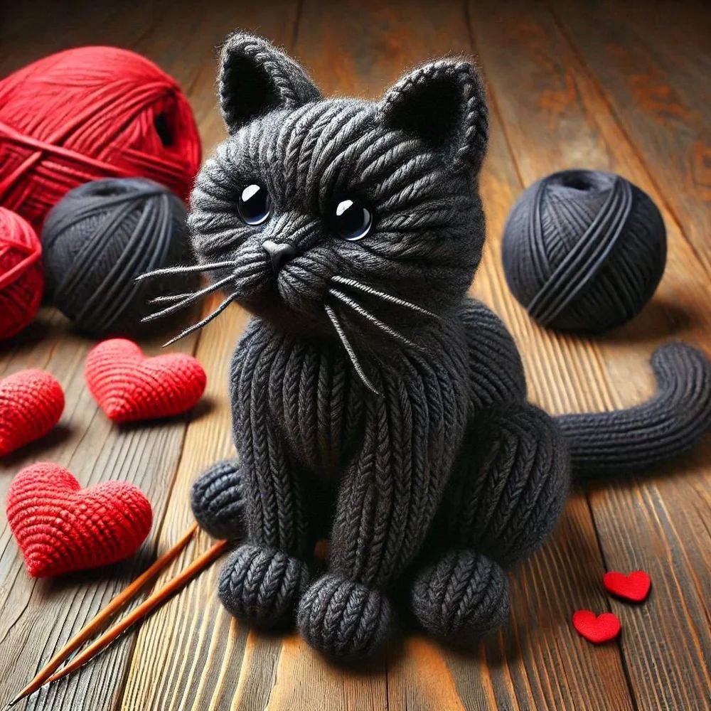 Knitted Black Cat and Hearts Card