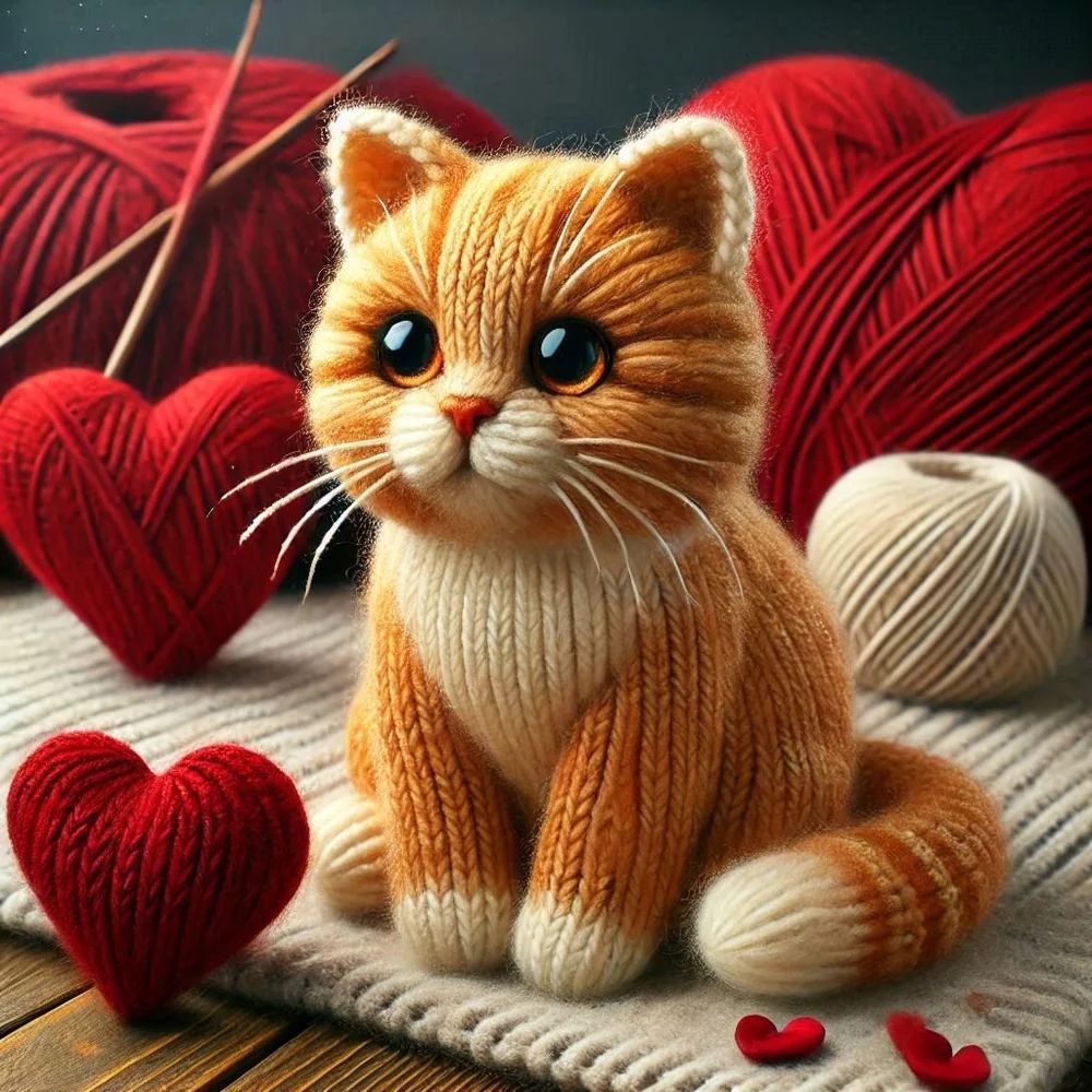 Knitted Ginger Cat and Hearts Card