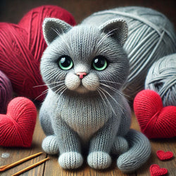 Knitted Grey Cat and Hearts Greetings Card