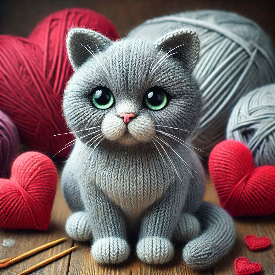Knitted Grey Cat and Hearts Greetings Card