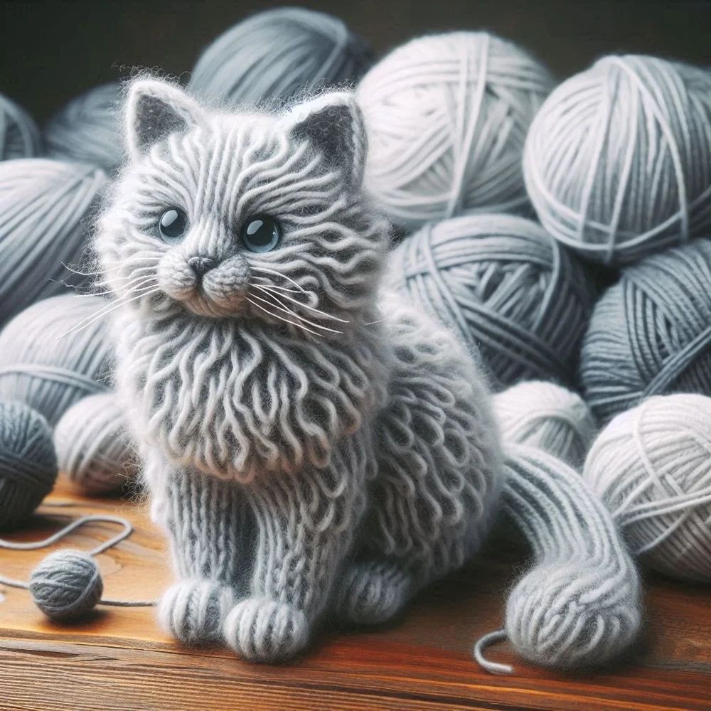 Knitted Long Hair Grey Cat Greetings Card