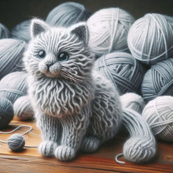 Knitted Long Hair Grey Cat Greetings Card