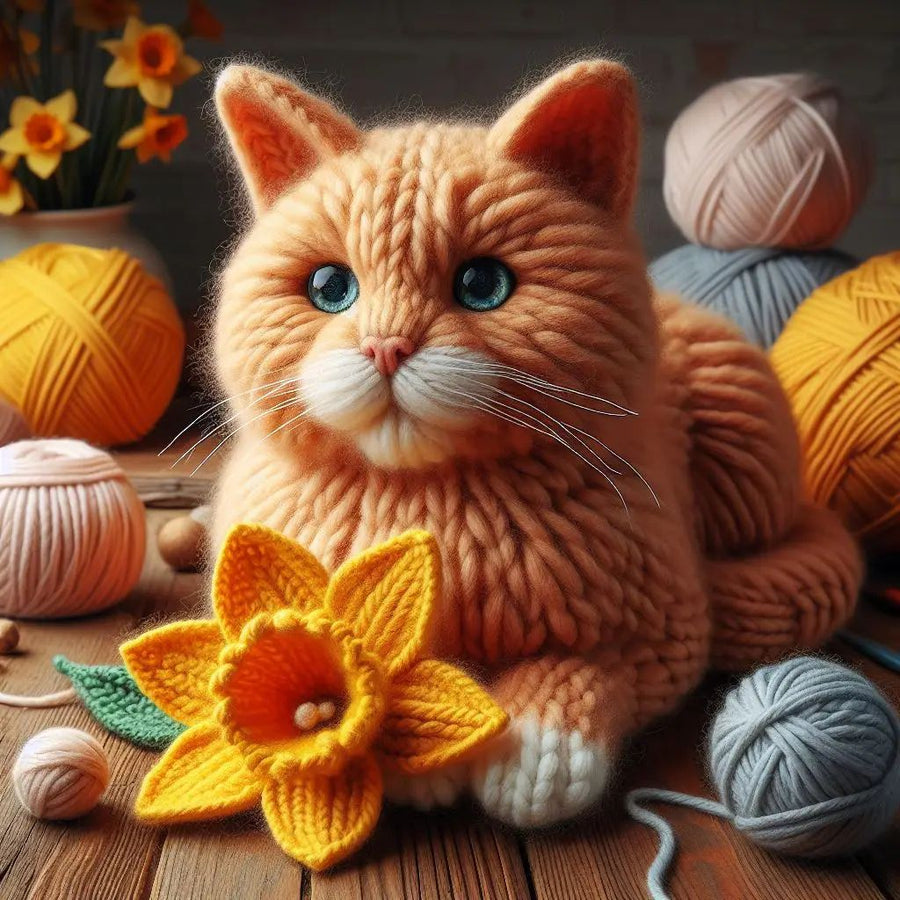 Knitted Ginger Cat Spring Card