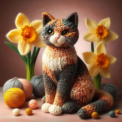 Knitted Tortoiseshell Cat Spring Card