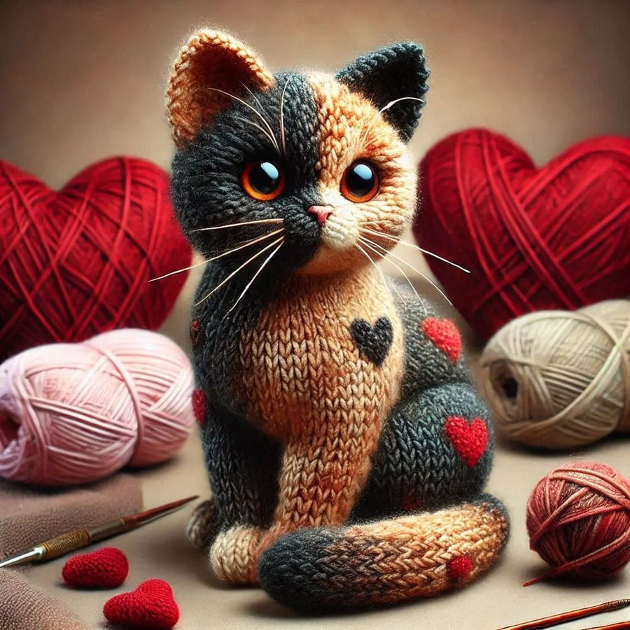 Knitted Tortoiseshell Cat and Hearts Card