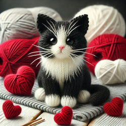 Knitted Tuxedo Cat and Hearts Card