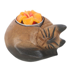 Curled Cat Wooden Tealight Holder front view, hand carved sleeping cat with flower tealight cup, natural Monkey Pod Wood