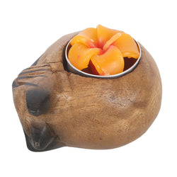 Curled Cat Wooden Tealight Holder rear view showing carved cat body curled around tealight cup, natural Monkey Pod Wood