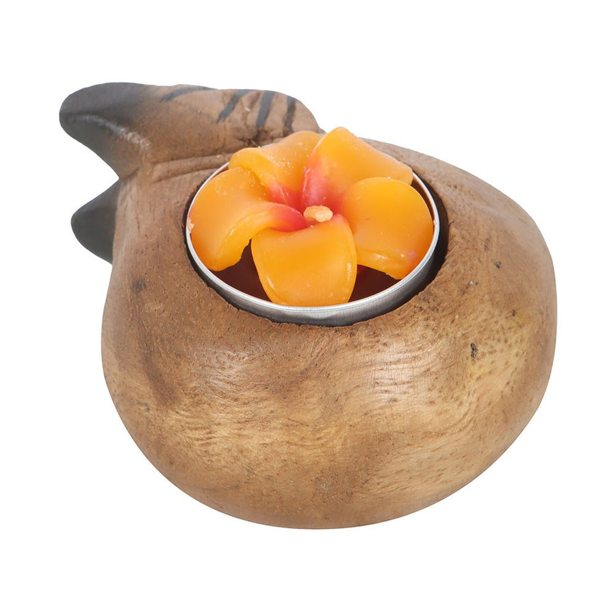 Curled Cat Wooden Tealight Holder side view showing tail and natural wood grain texture with flower tealight