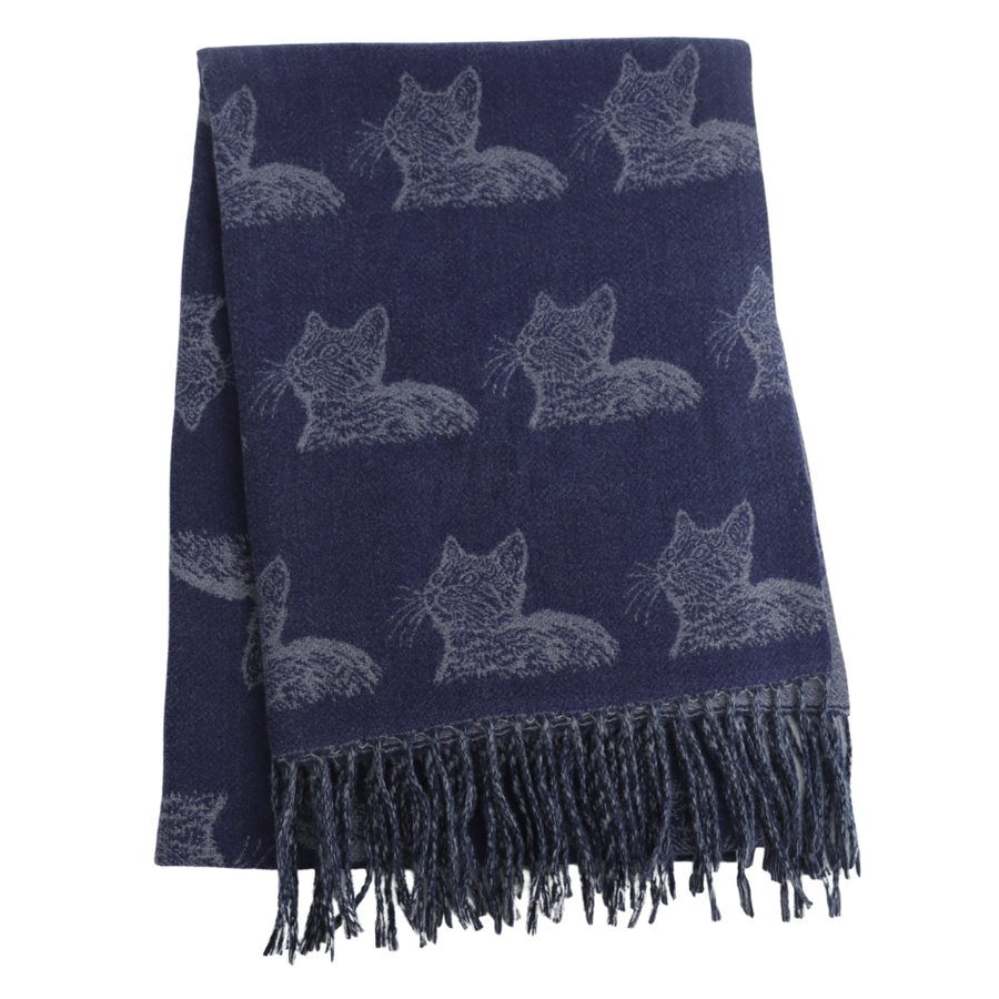 A navy blue woven scarf featuring a repeating pattern of light gray cat silhouettes and fringed edges, shown against a plain white background.