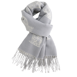 A light gray scarf with white woven cat patterns and fringed edges, shown on a plain white background.