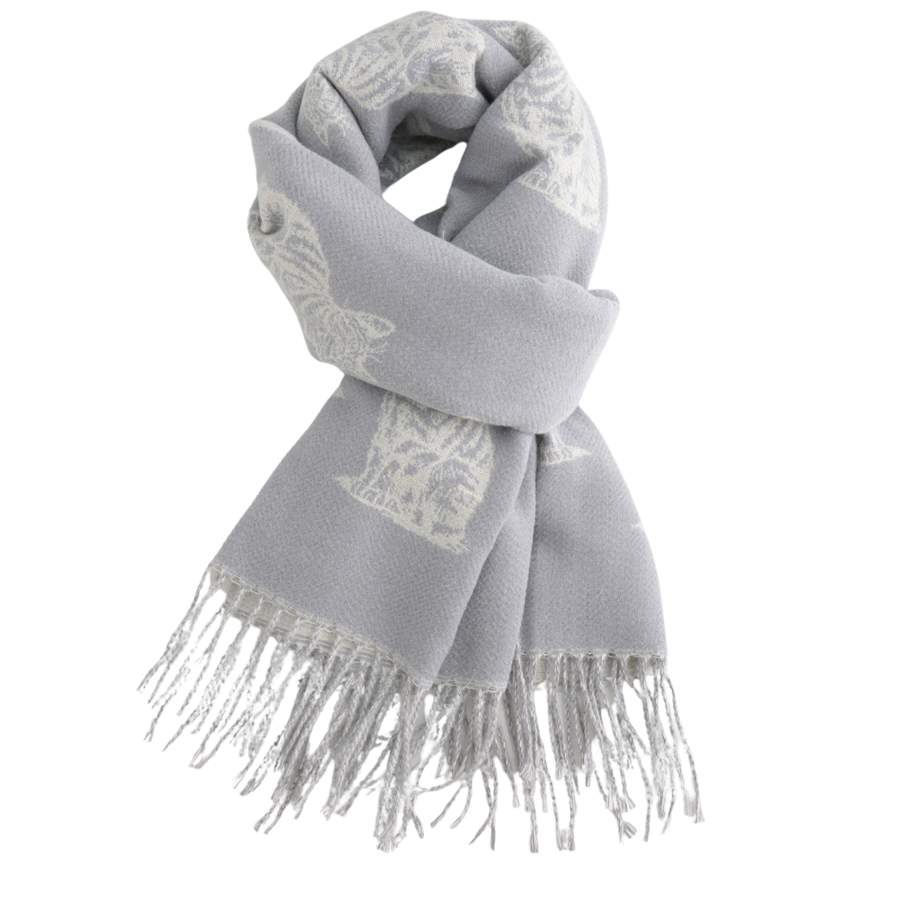 A light gray scarf with white woven cat patterns and fringed edges, shown on a plain white background.