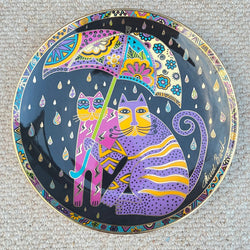 Decorative plate with colorful abstract designs on a textured surface