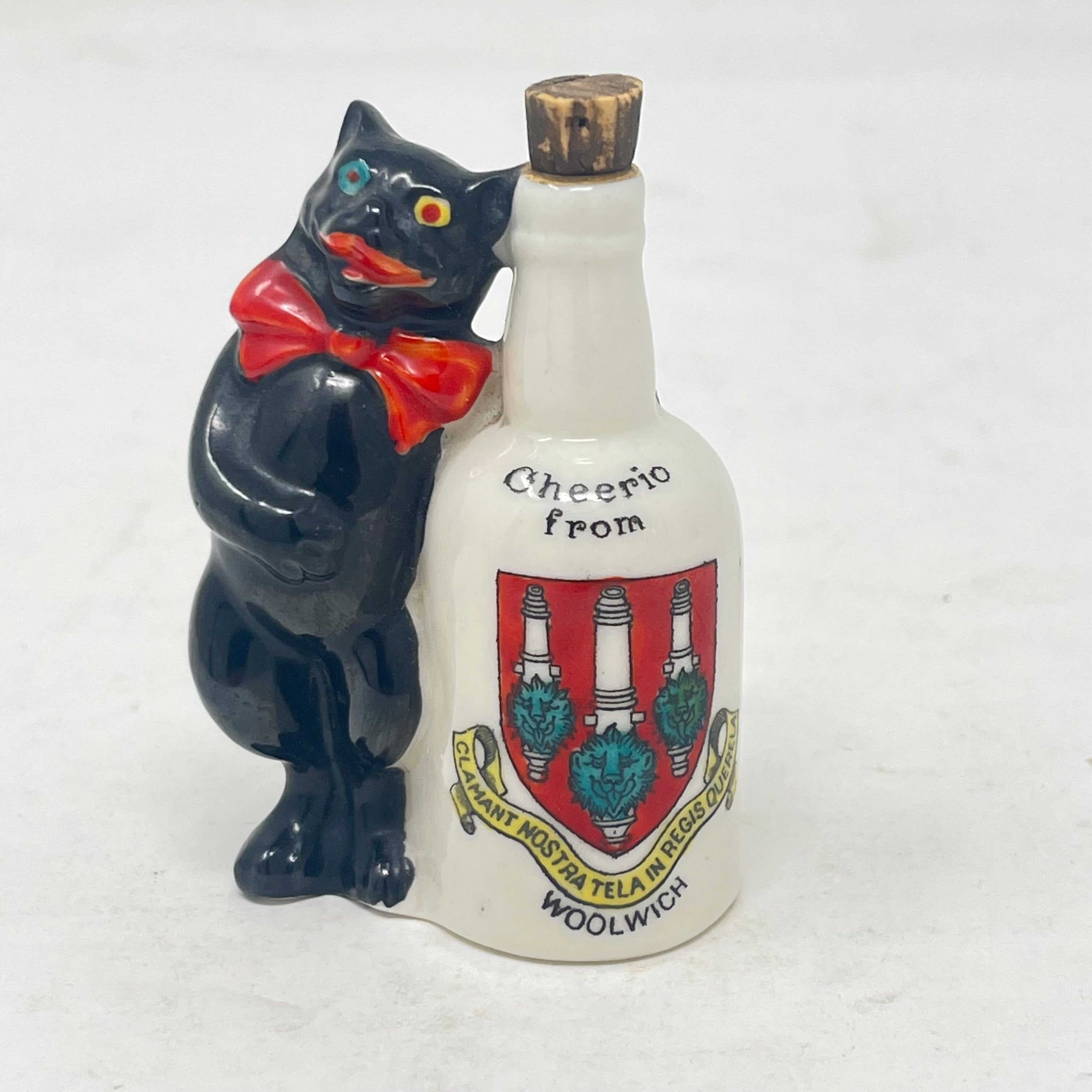 Antique Arcadian Crested China Lucky Black Cat & Bottle – Woolwich Crest – c.1924