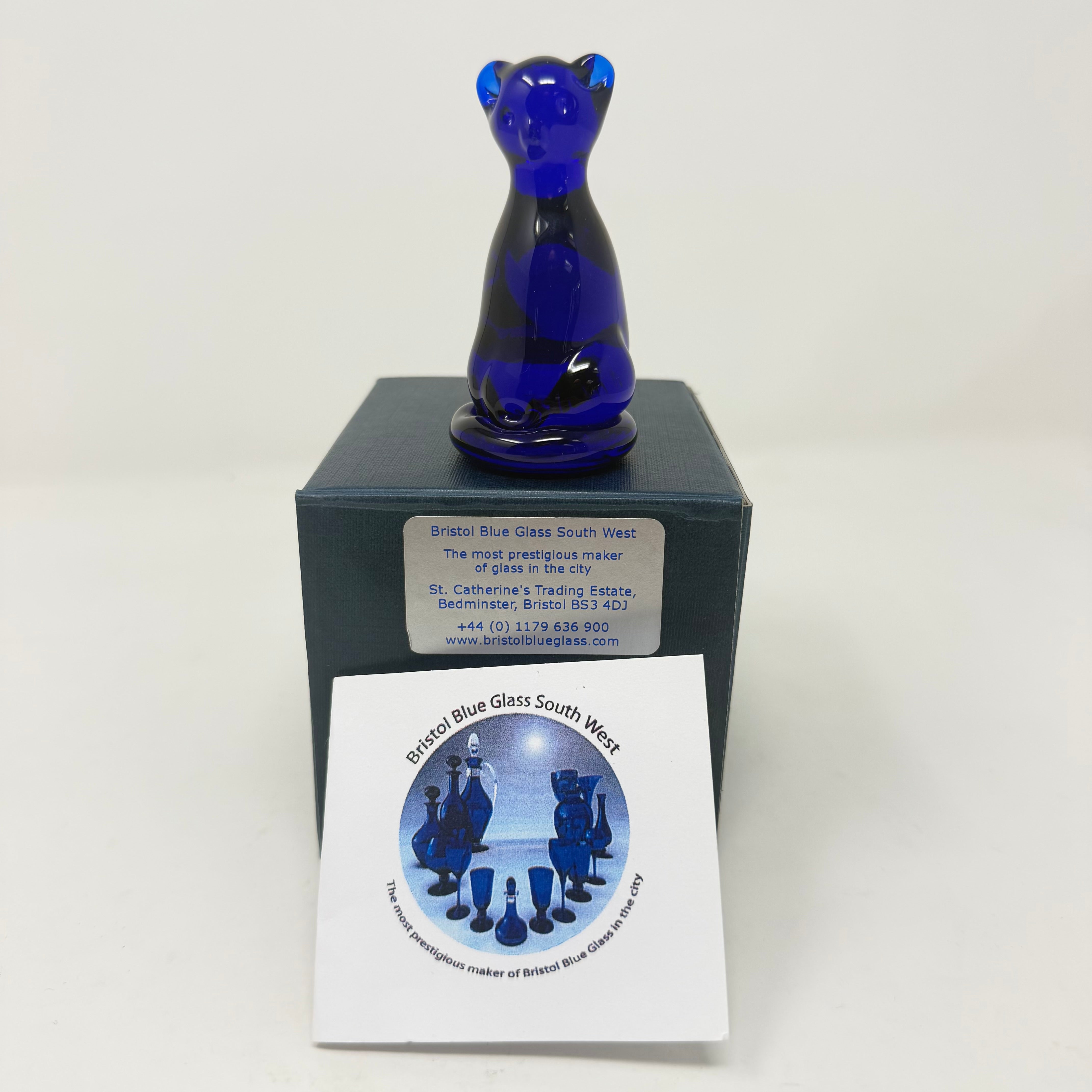 Vintage Bristol Blue Glass Cat 8cm