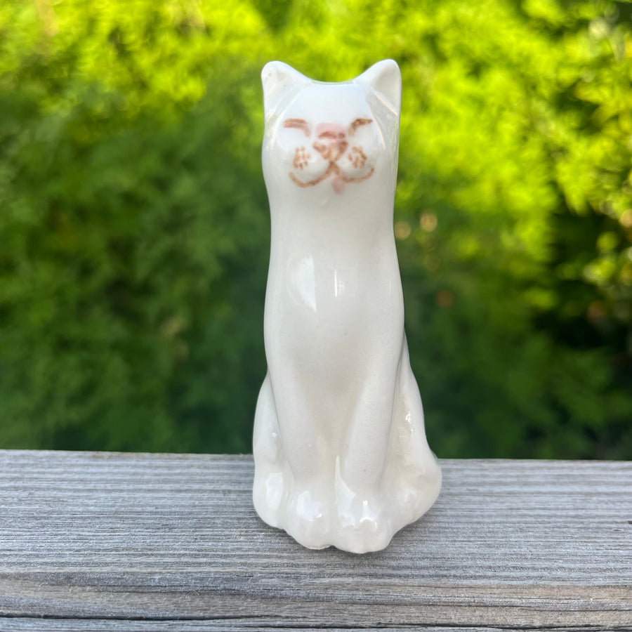 White ceramic cat figurine on a wooden surface with a blurred green background. winstanley lucky cat in white