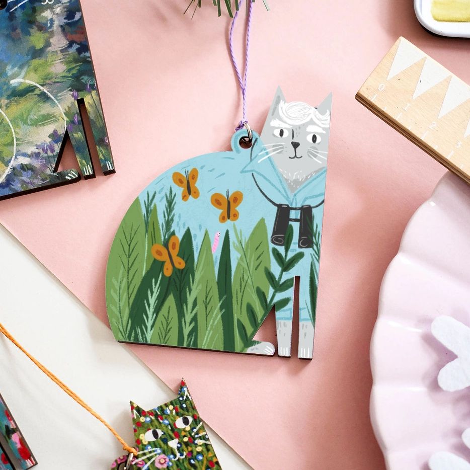 David Cattenborough Wooden Cat Hanging Decoration