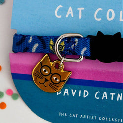 A close-up of a blue patterned cat collar with a gold cat-shaped metal tag, attached to a blue and pink retail card that reads 'DAVID CATNEY'