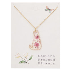 Necklace with floral cat  shaped pendant on a card labelled 'Genuine Pressed Flowers'